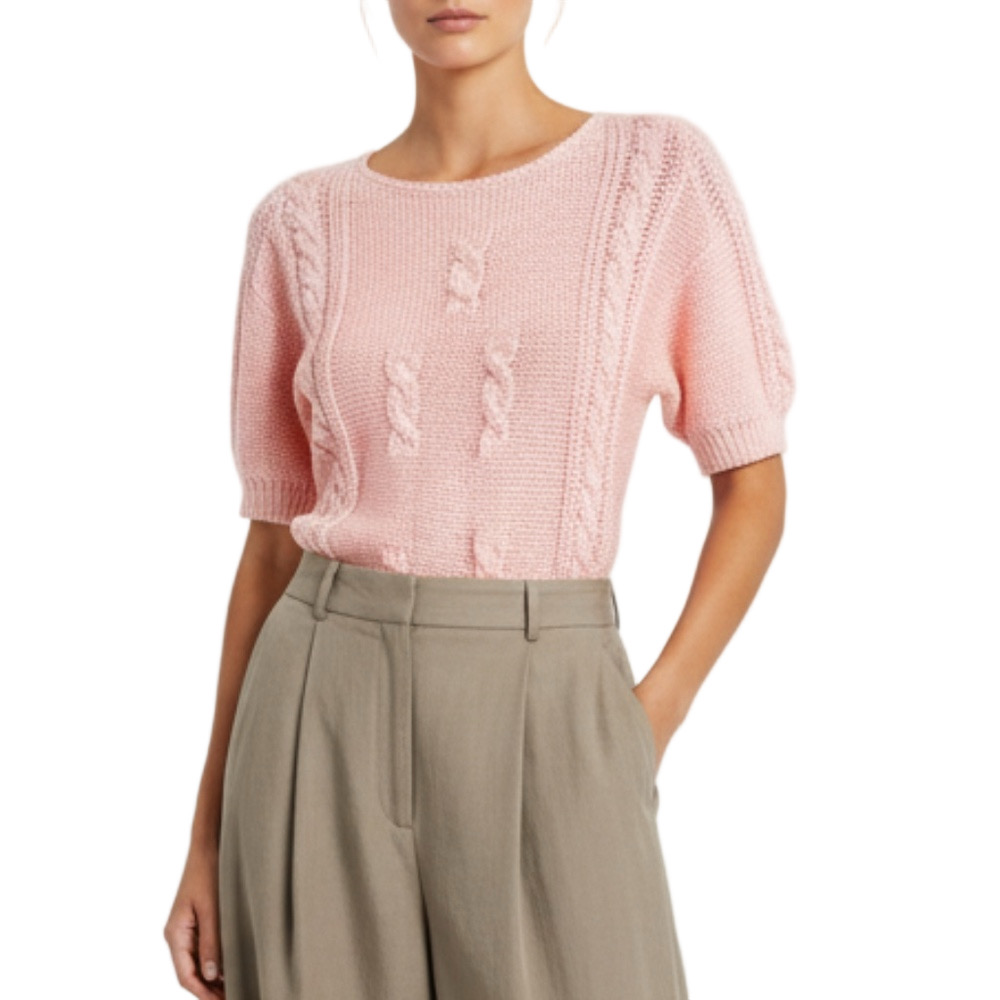 Vtg 80s 90s pale pink short sleeve cable knit short sleeve knit sweater top S